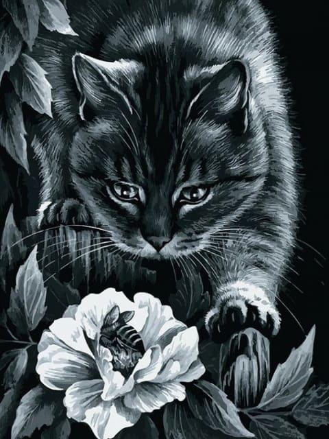 Diamond Painting Chat noir avec fleur et abeille - SEOS Shop ®