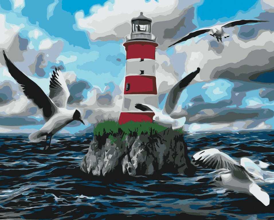 Diamond Painting - Phare blanc et rouge et mouettes - SEOS Shop ®