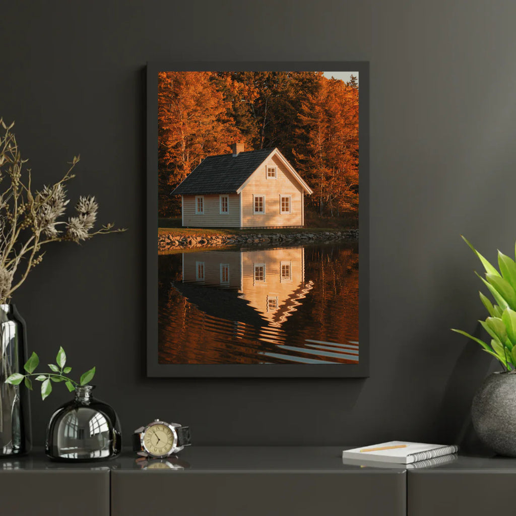 Diamond Painting - Maison au bord d'un lac avec des reflets dans l'eau