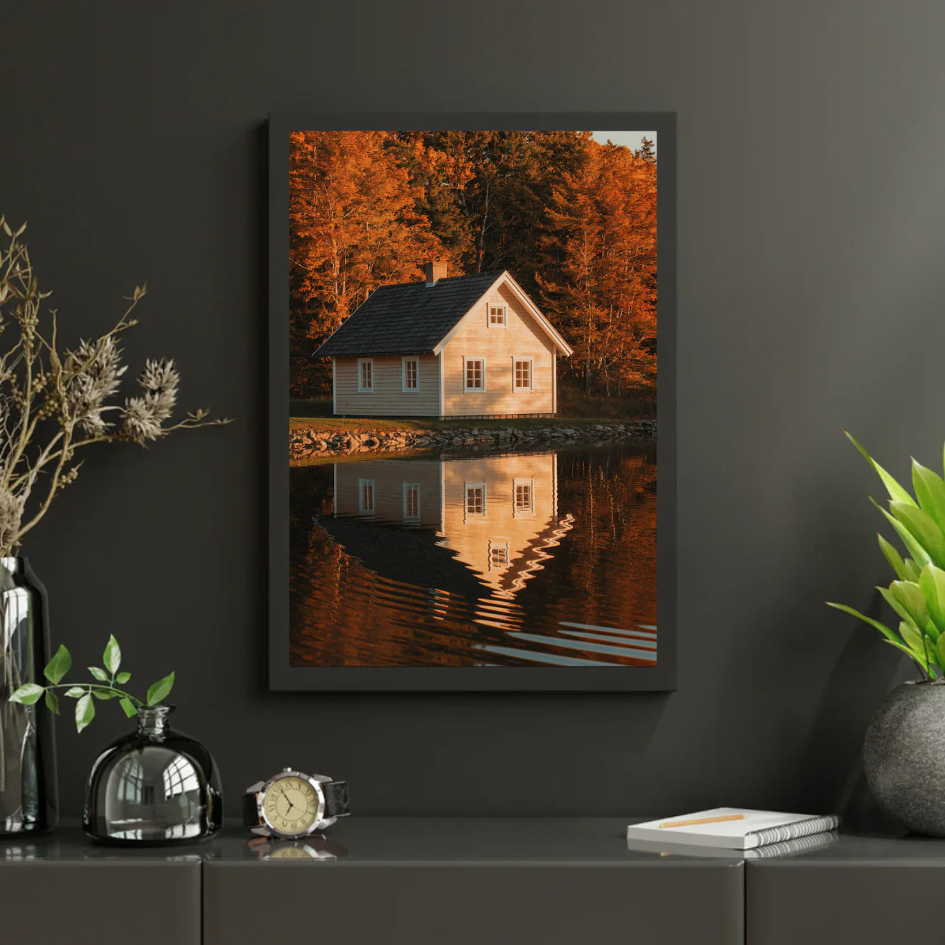 Diamond Painting - Maison au bord d'un lac avec des reflets dans l'eau