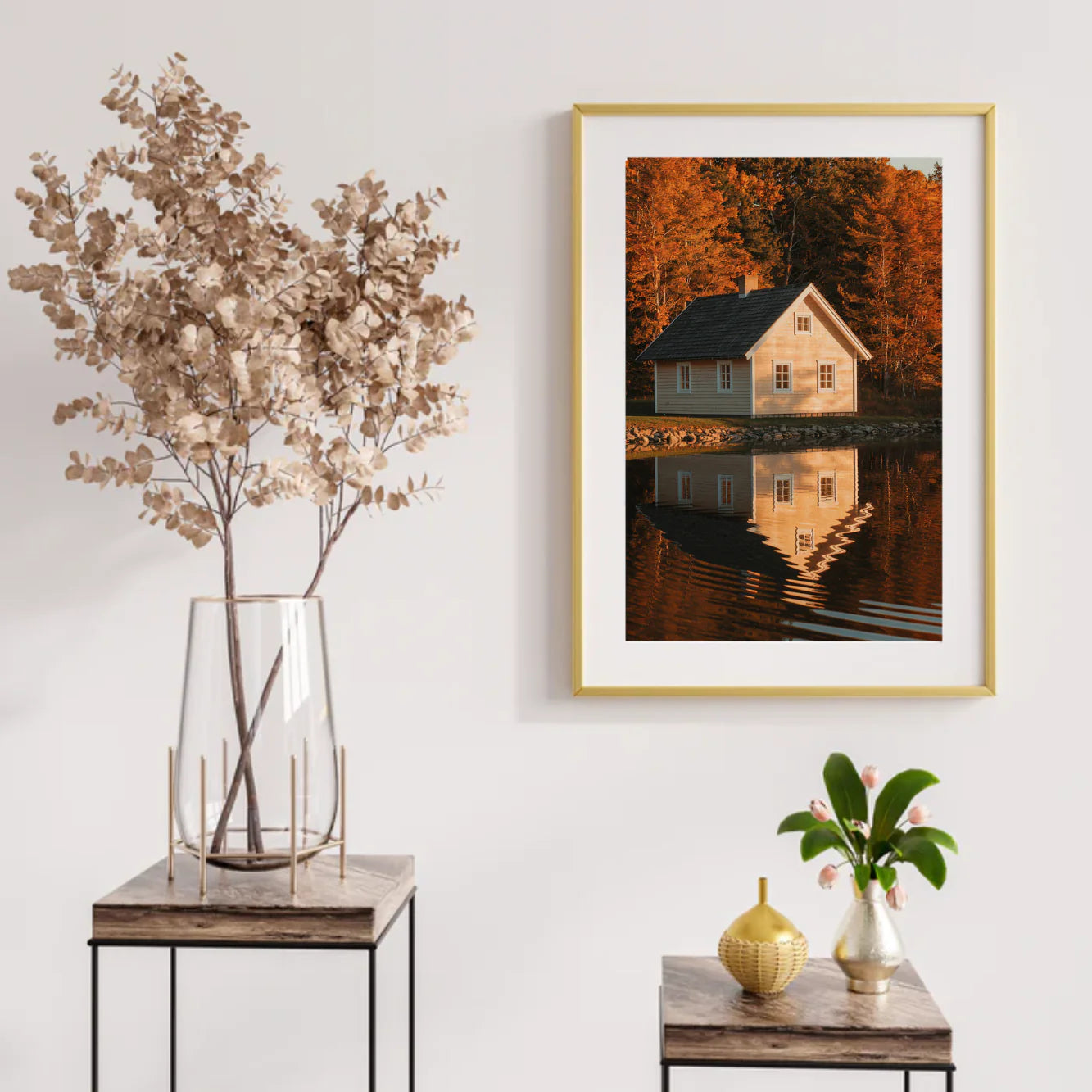 Diamond Painting - Maison au bord d'un lac avec des reflets dans l'eau