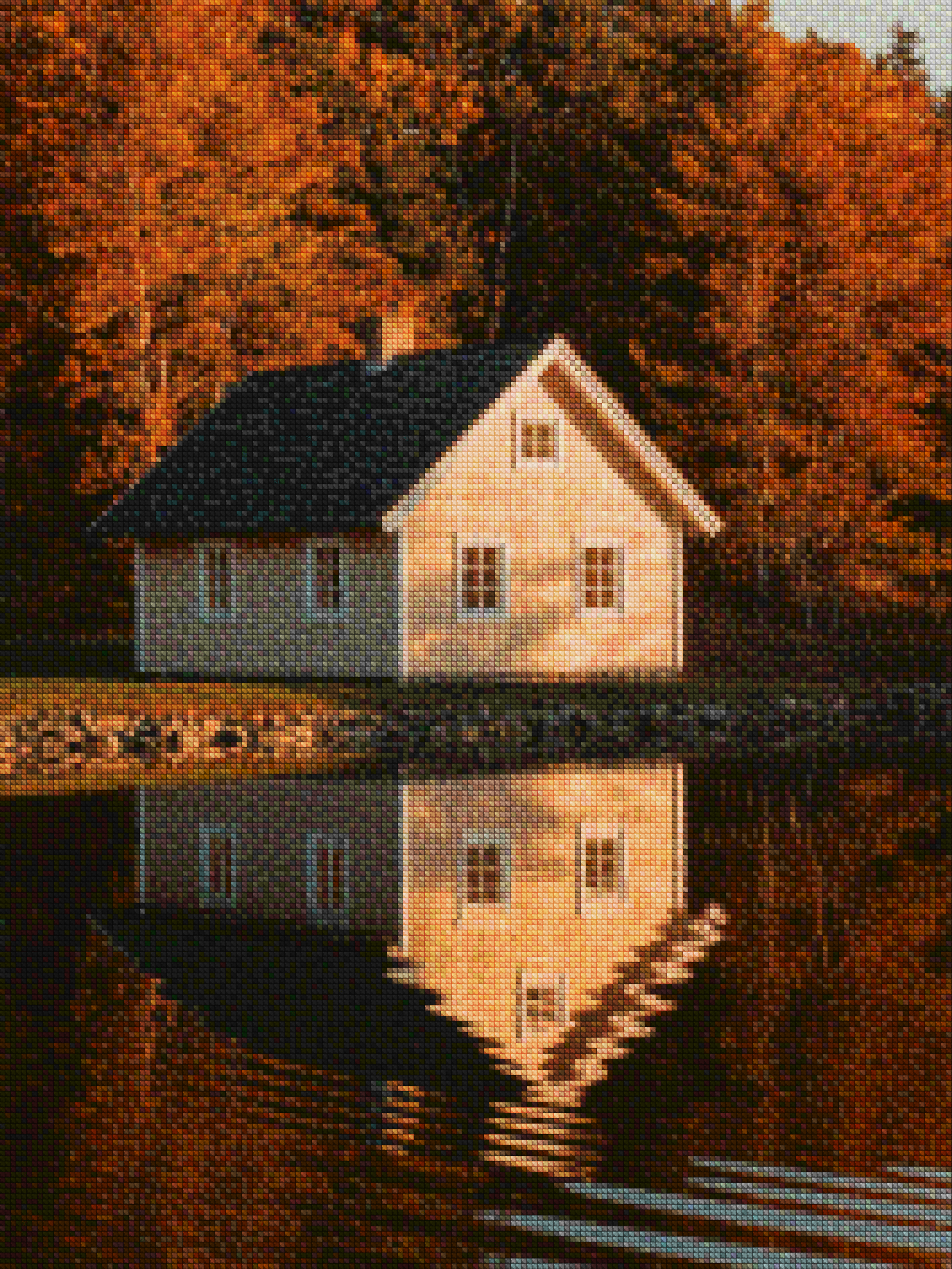 Diamond Painting - Maison au bord d'un lac avec des reflets dans l'eau