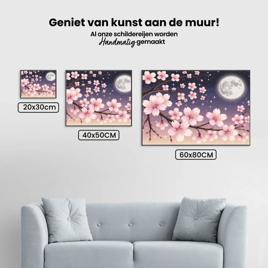 Diamond Painting - Fleurs de cerisier contre un ciel illuminé par la lune