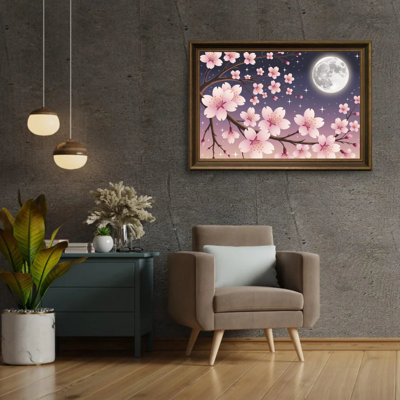 Diamond Painting - Fleurs de cerisier contre un ciel illuminé par la lune