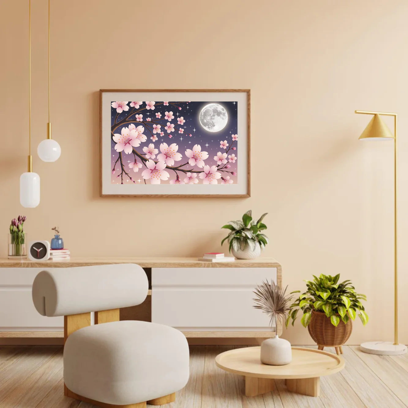 Diamond Painting - Fleurs de cerisier contre un ciel illuminé par la lune