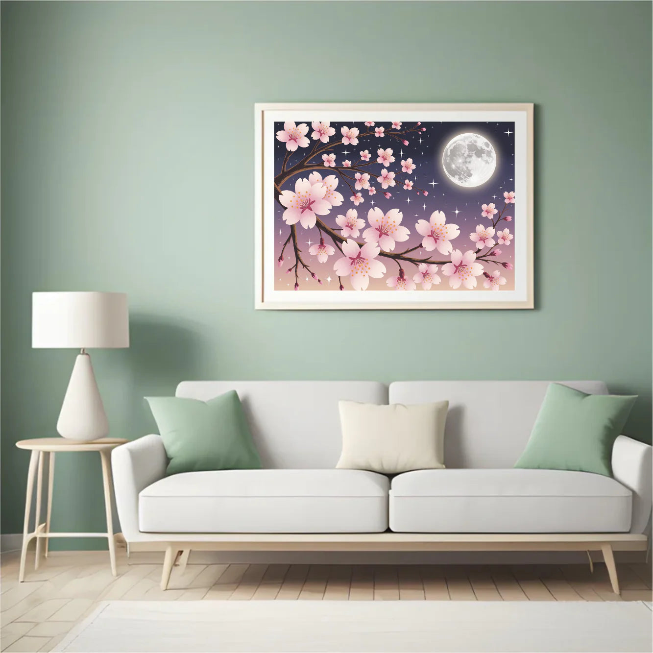 Diamond Painting - Fleurs de cerisier contre un ciel illuminé par la lune