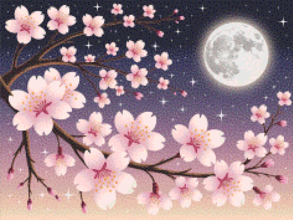 Diamond Painting - Fleurs de cerisier contre un ciel illuminé par la lune