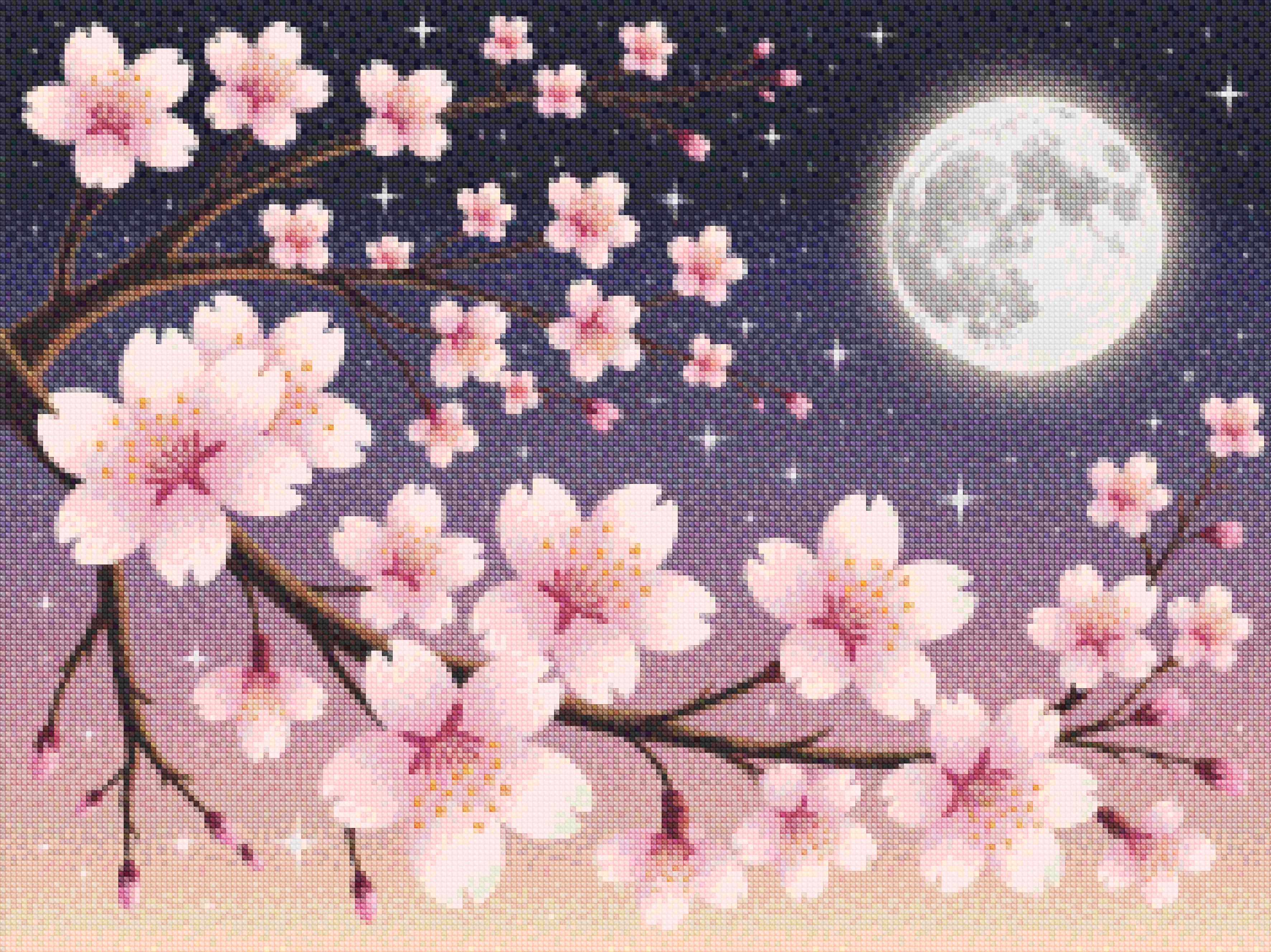 Diamond Painting - Fleurs de cerisier contre un ciel illuminé par la lune