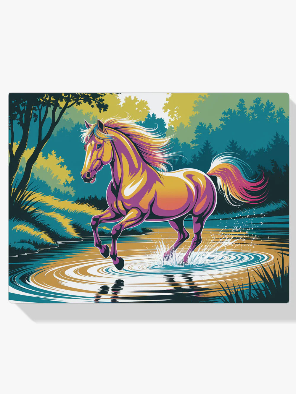 Diamond Painting - Un cheval coloré galope à travers l'eau