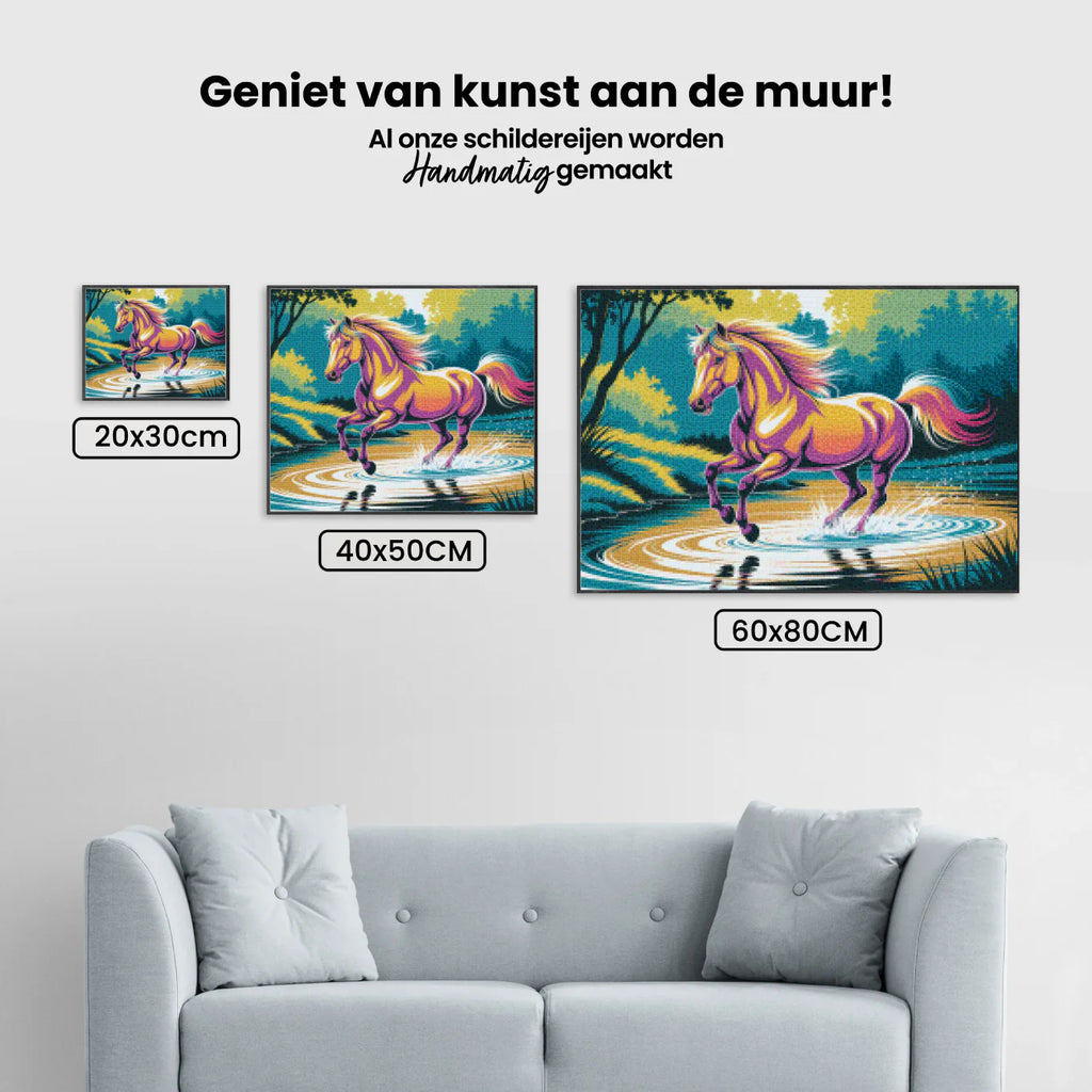 Diamond Painting - Un cheval coloré galope à travers l'eau