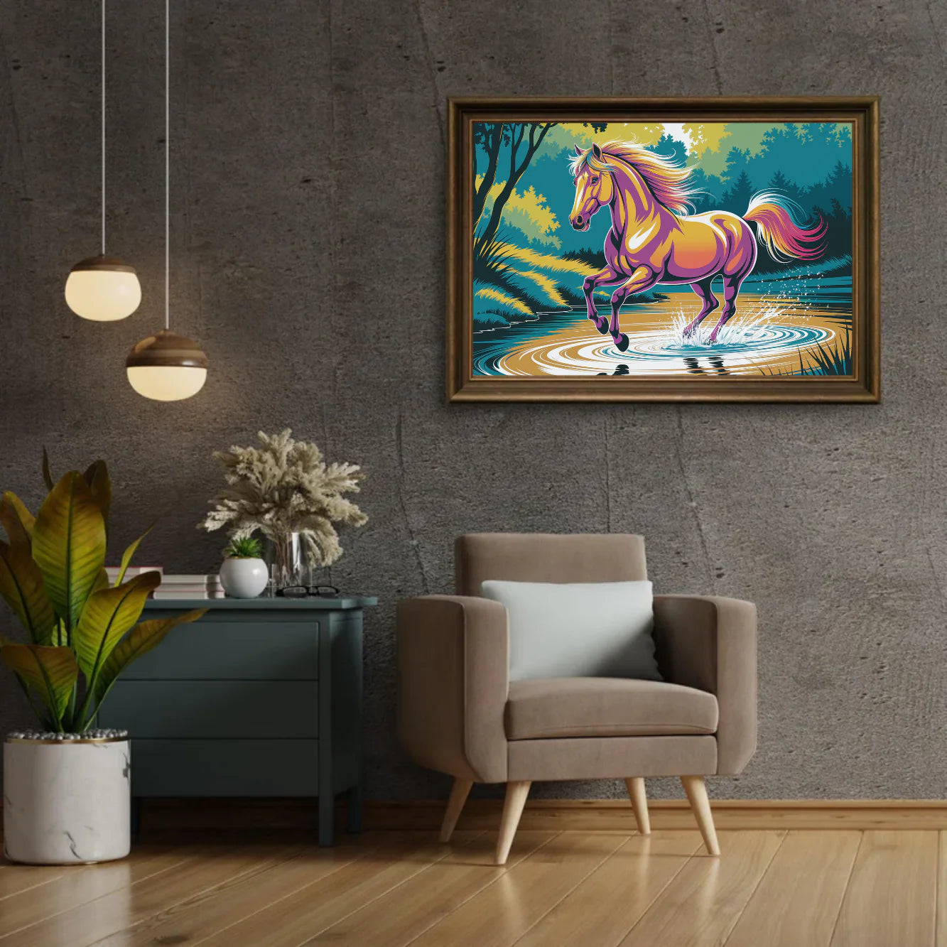 Diamond Painting - Un cheval coloré galope à travers l'eau