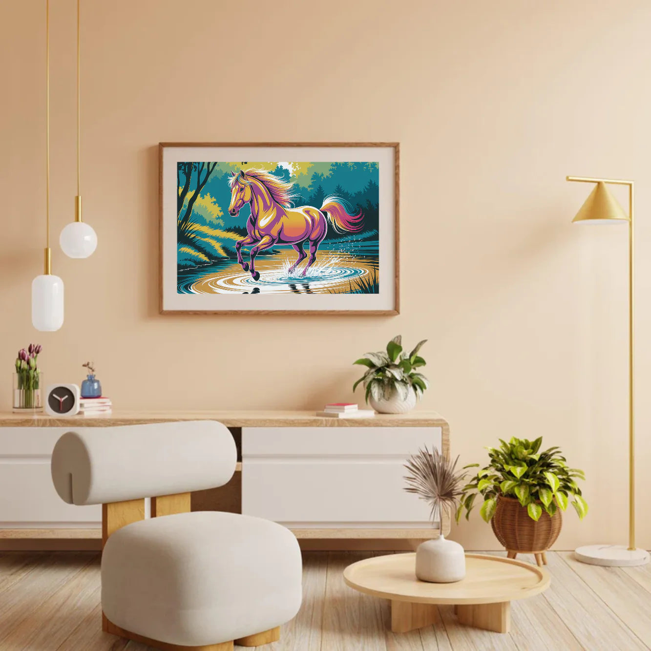 Diamond Painting - Un cheval coloré galope à travers l'eau