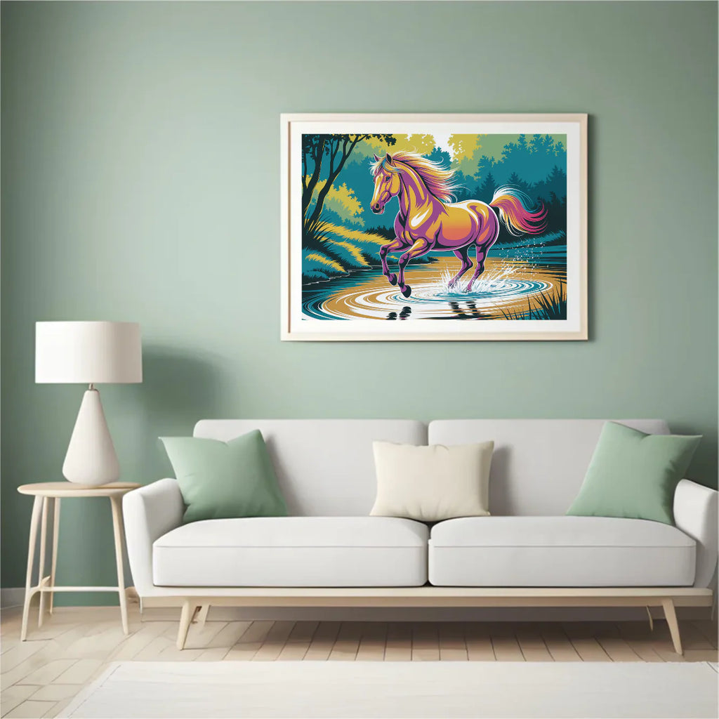 Diamond Painting - Un cheval coloré galope à travers l'eau