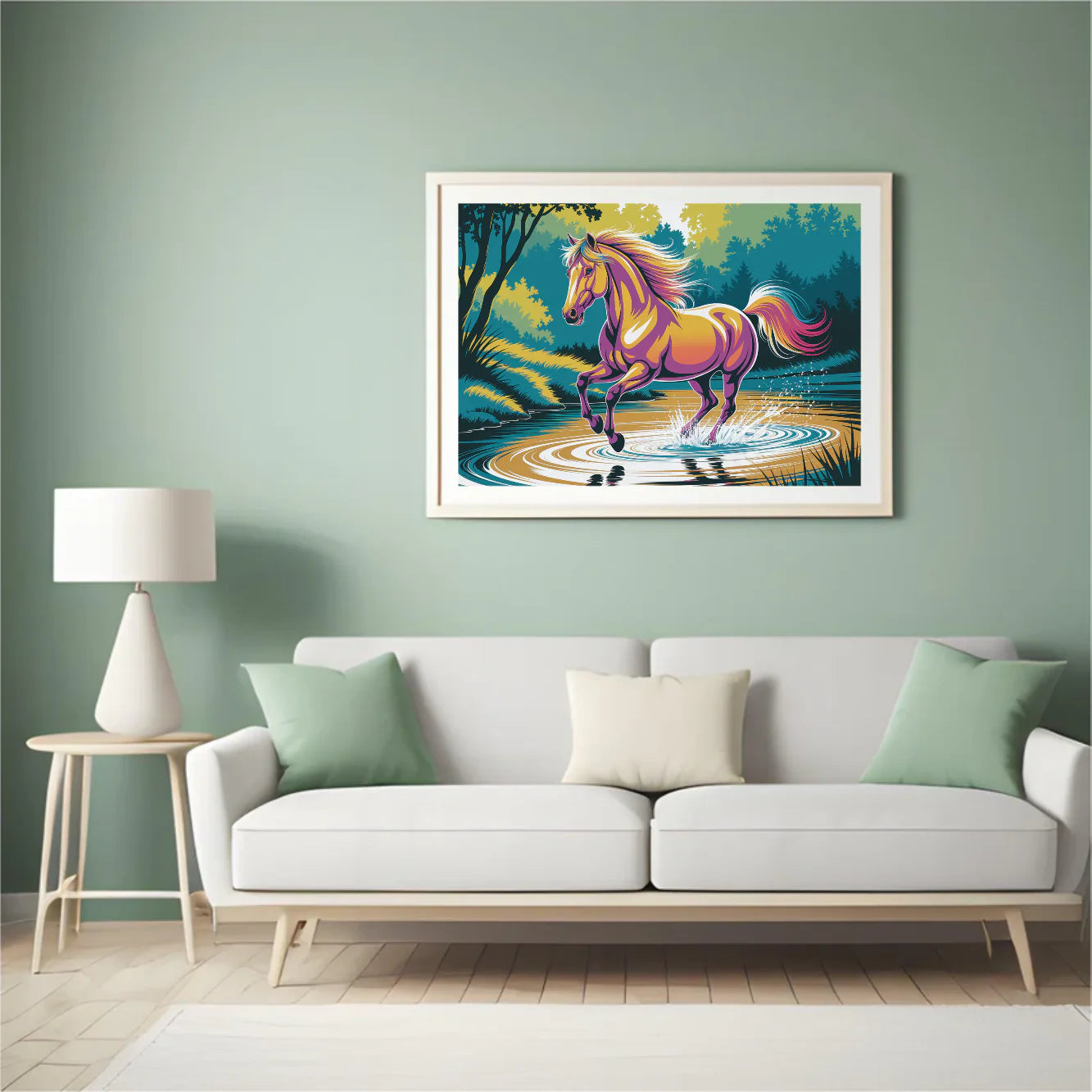 Diamond Painting - Un cheval coloré galope à travers l'eau