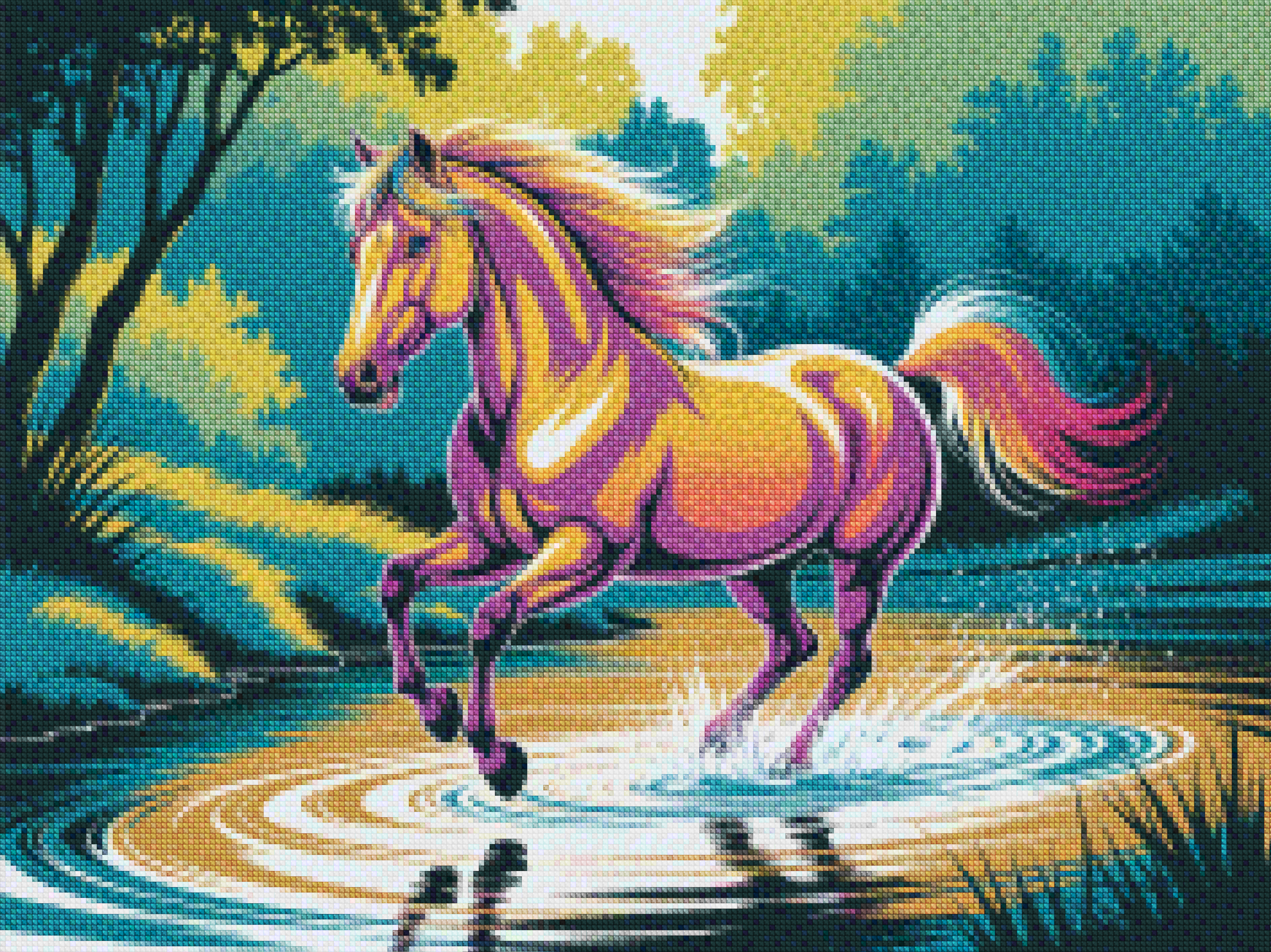 Diamond Painting - Un cheval coloré galope à travers l'eau