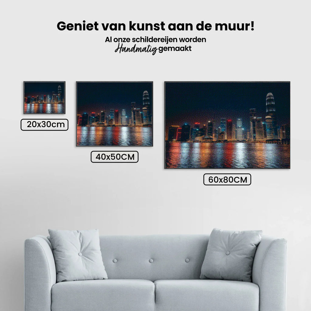 Diamond Painting - Vue nocturne de la ville avec des reflets sur l'eau