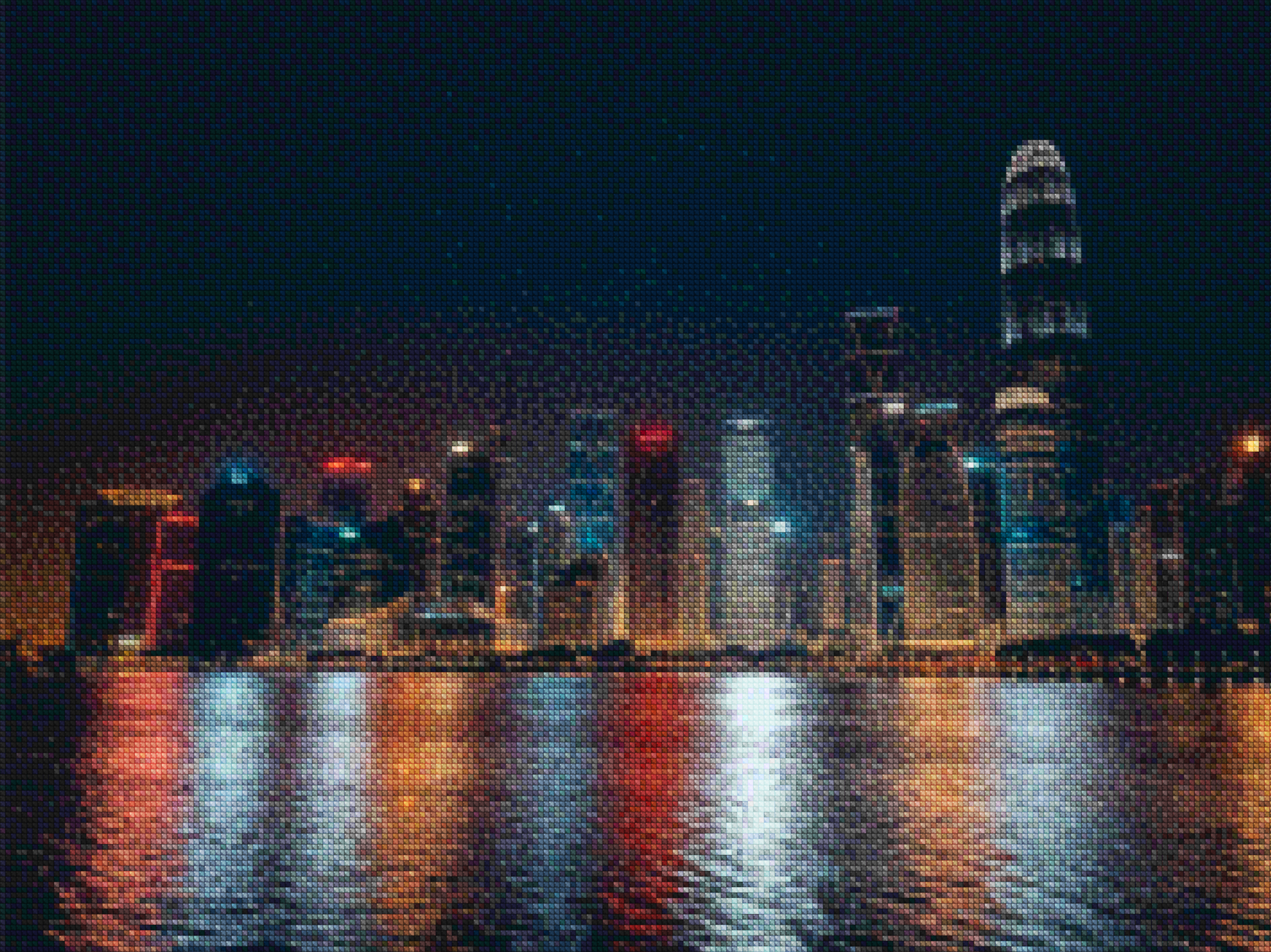 Diamond Painting - Vue nocturne de la ville avec des reflets sur l'eau