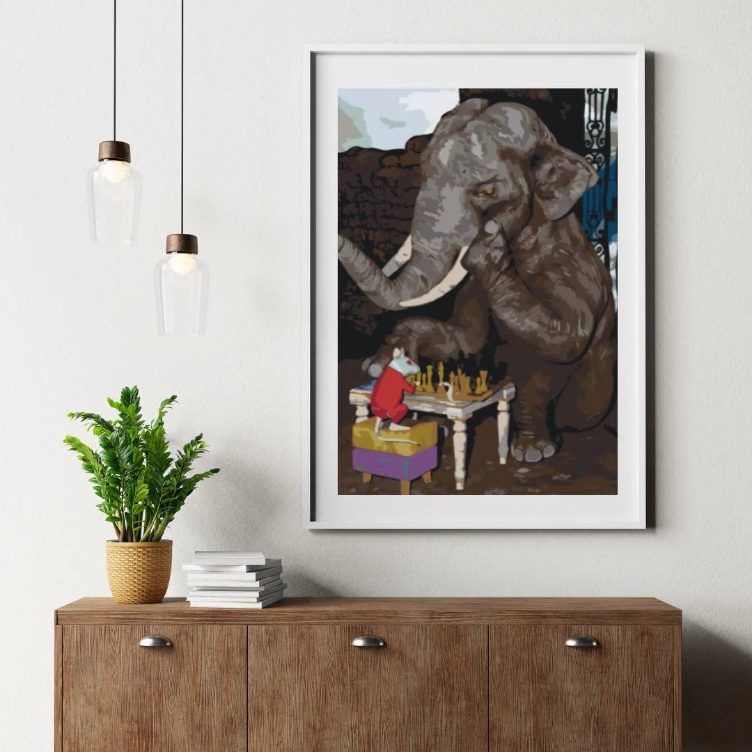 Diamond Painting - Élèphant et souris jouent aux échecs - SEOS®