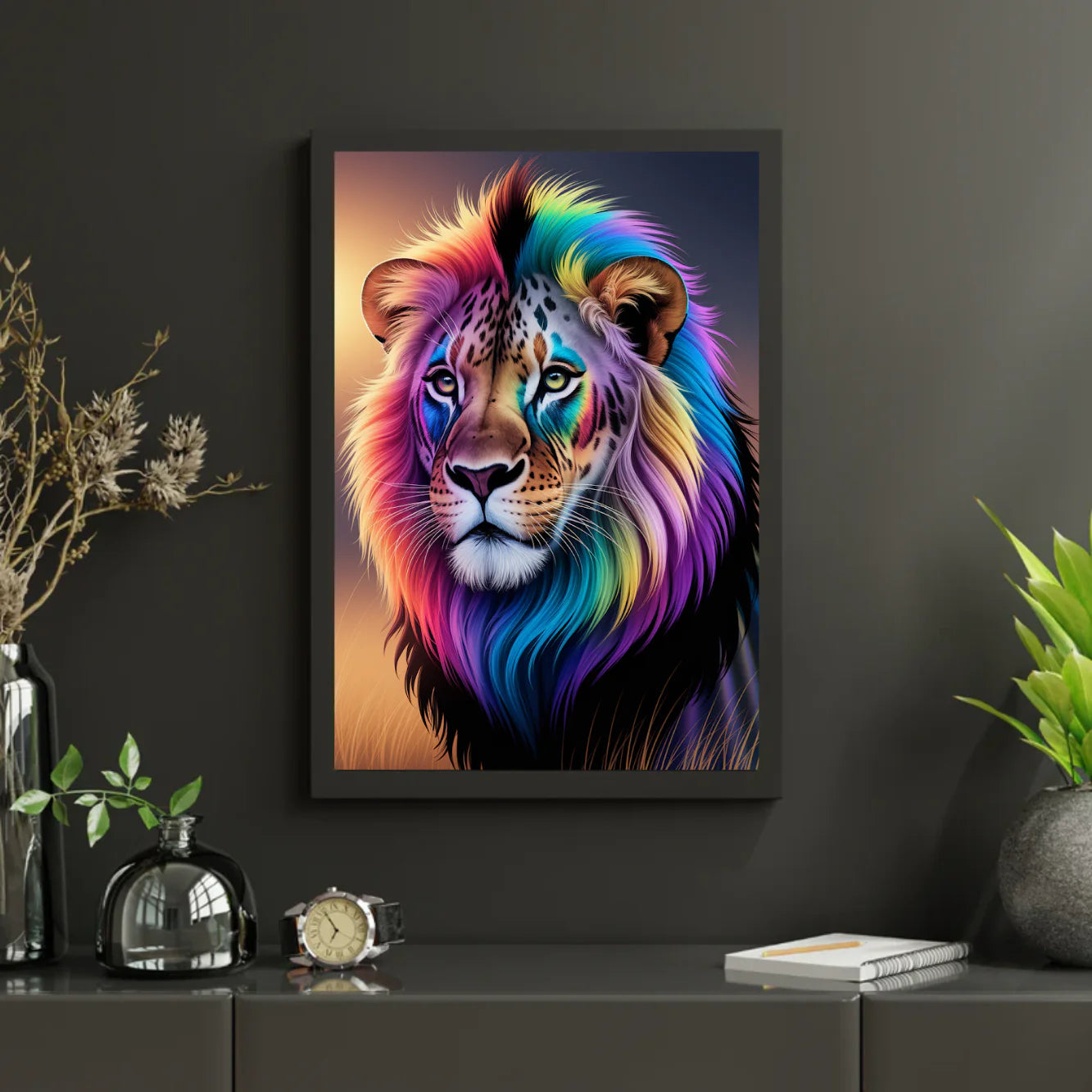 Diamond Painting - Visage de lion arc-en-ciel avec des couleurs vives et tourbillonnantes