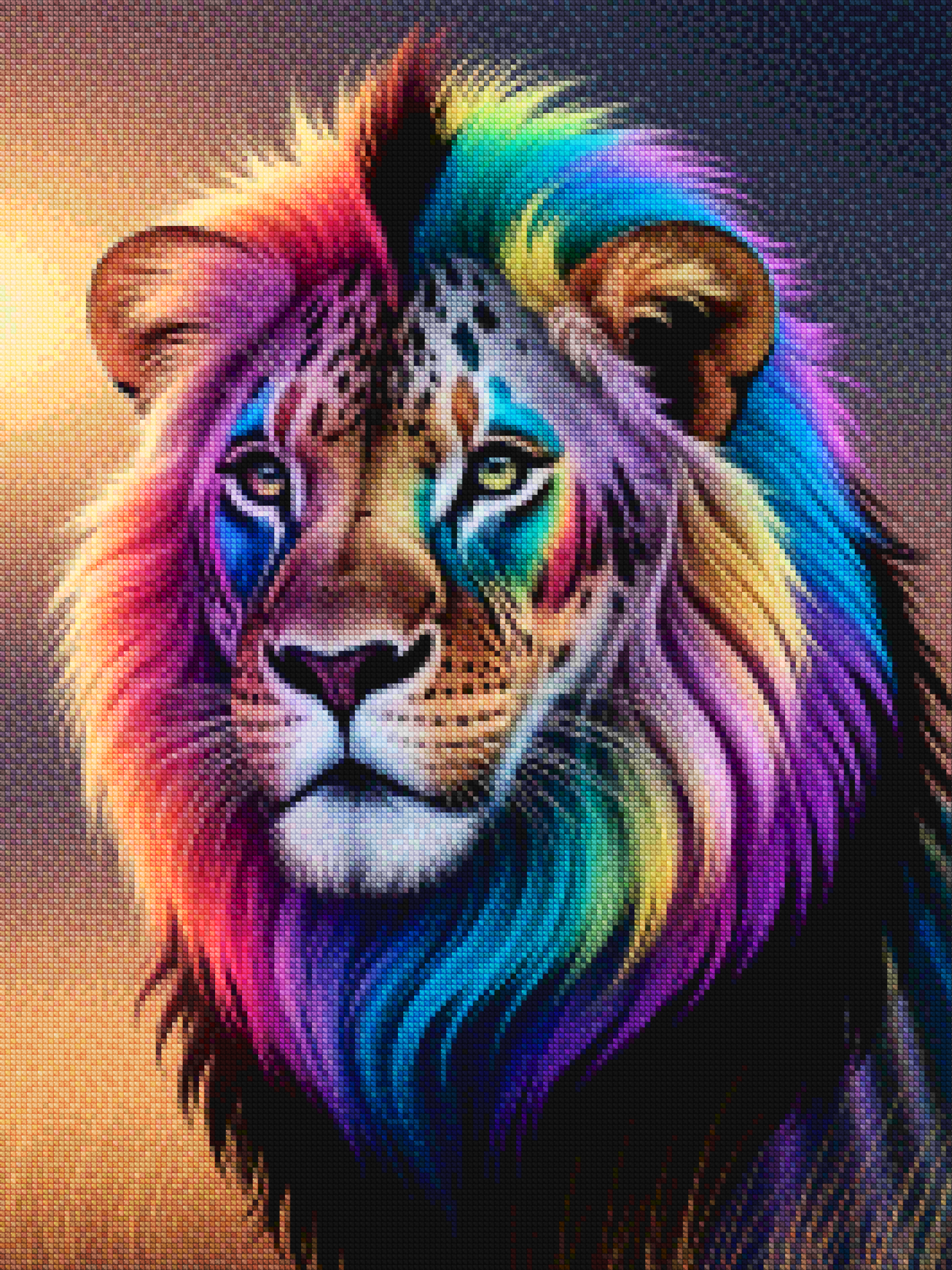 Diamond Painting - Visage de lion arc-en-ciel avec des couleurs vives et tourbillonnantes