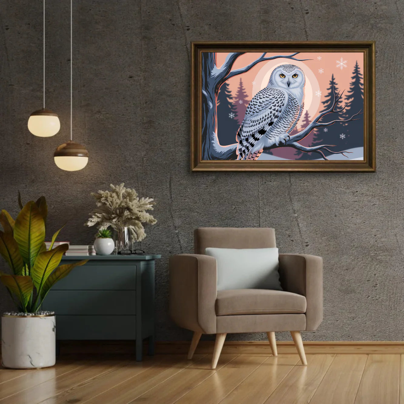 Diamond Painting - Hibou des neiges avec des yeux jaunes perçants