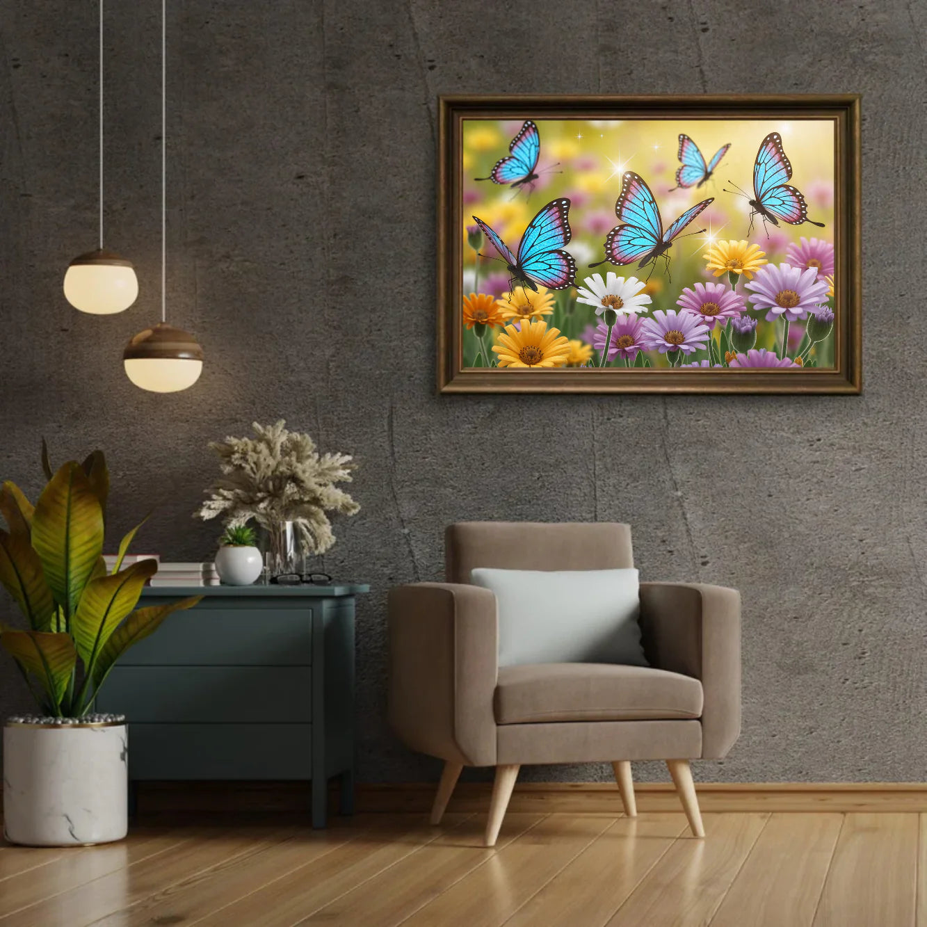 Diamond Painting - Papillons avec des ailes scintillantes sur des fleurs