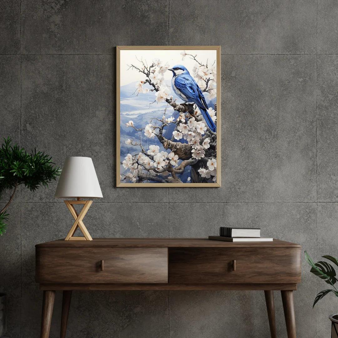 Diamond Painting - Oiseau en bleu de Delft dans un paysage d'hiver