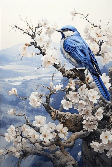 Diamond Painting - Oiseau en bleu de Delft dans un paysage d'hiver