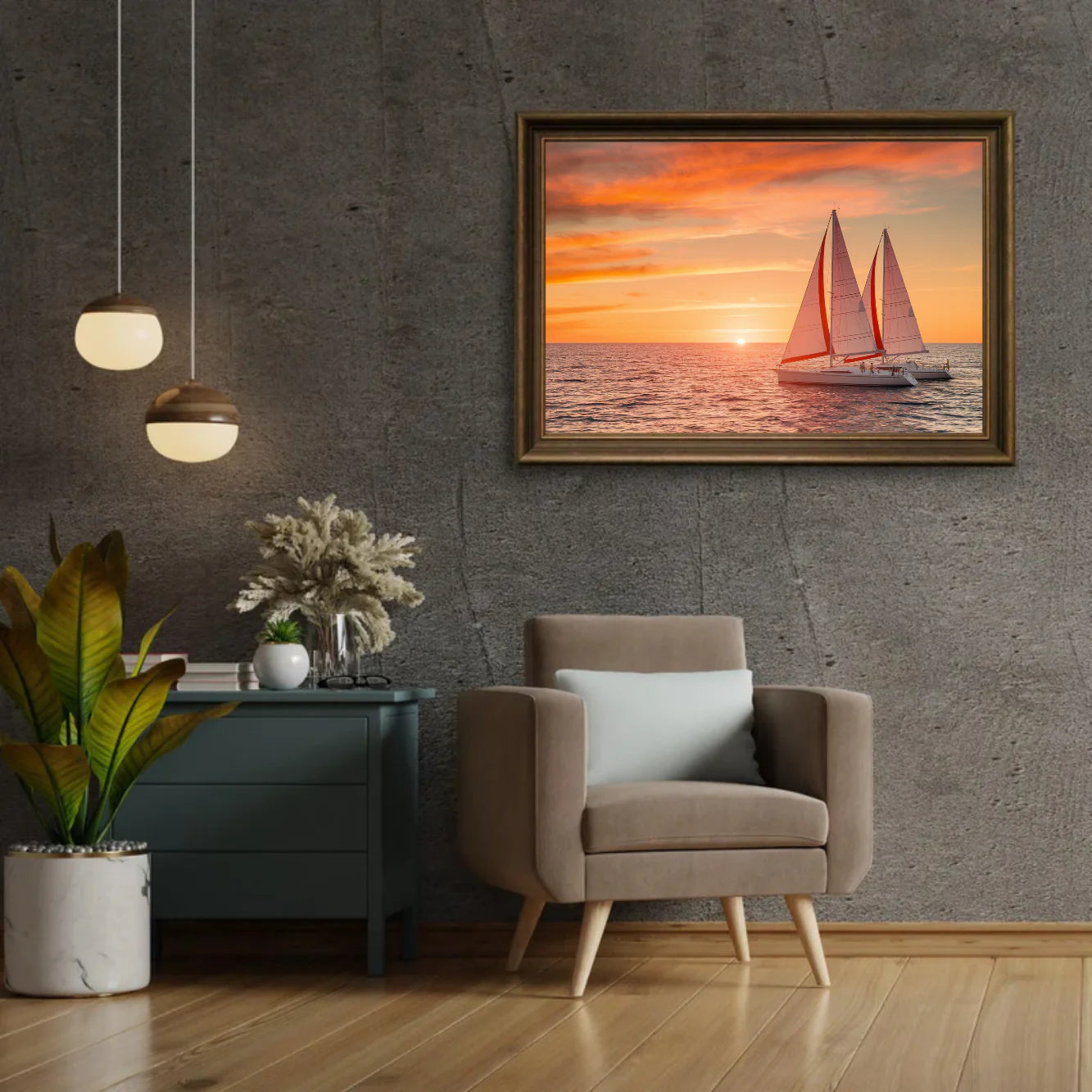 Diamond Painting - Coucher de soleil ardent sur l'océan avec des voiliers