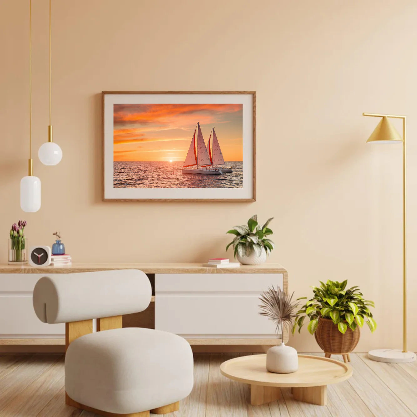 Diamond Painting - Coucher de soleil ardent sur l'océan avec des voiliers