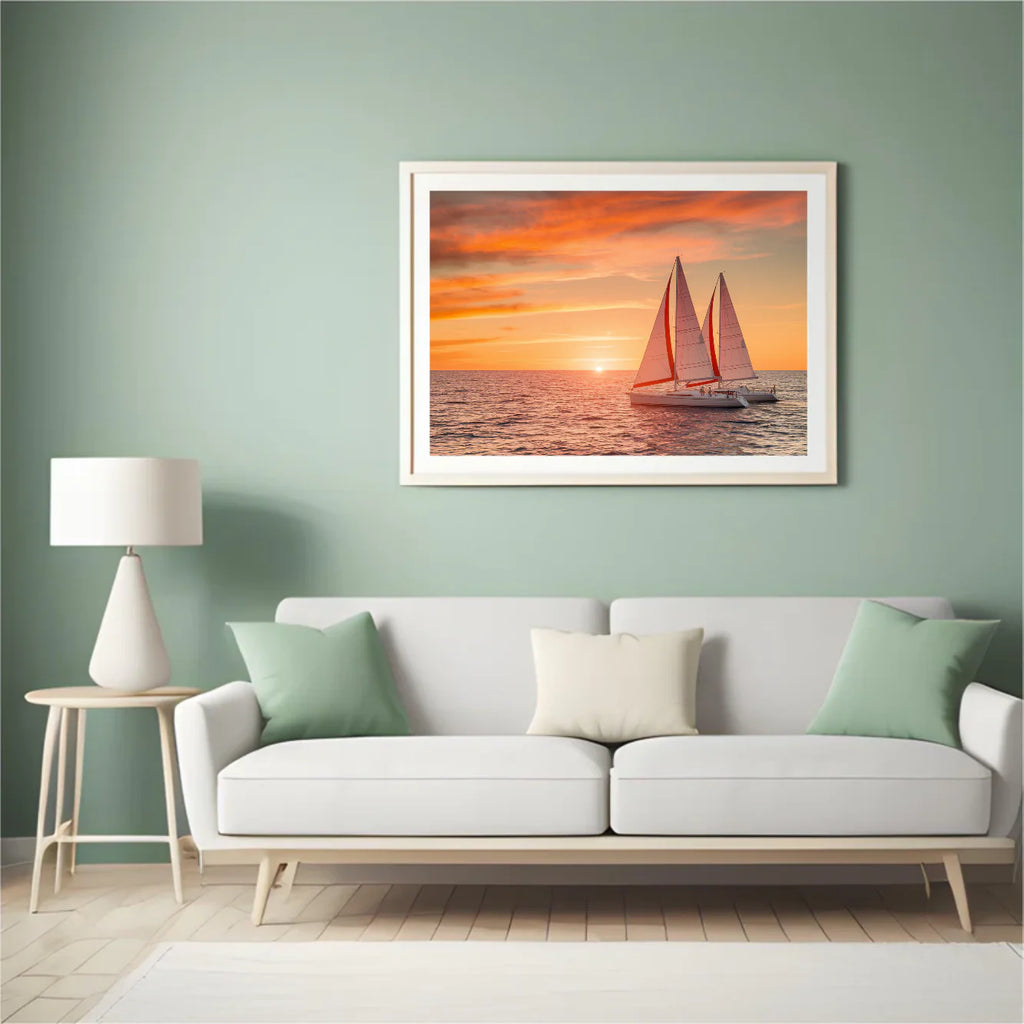 Diamond Painting - Coucher de soleil ardent sur l'océan avec des voiliers