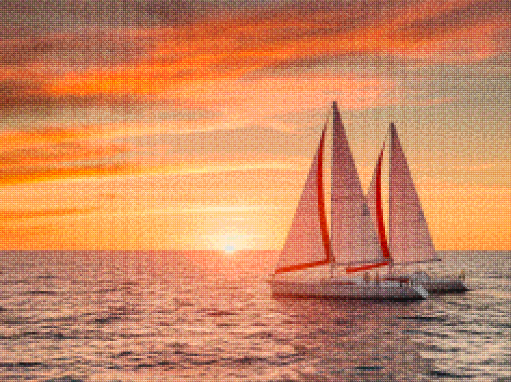 Diamond Painting - Coucher de soleil ardent sur l'océan avec des voiliers
