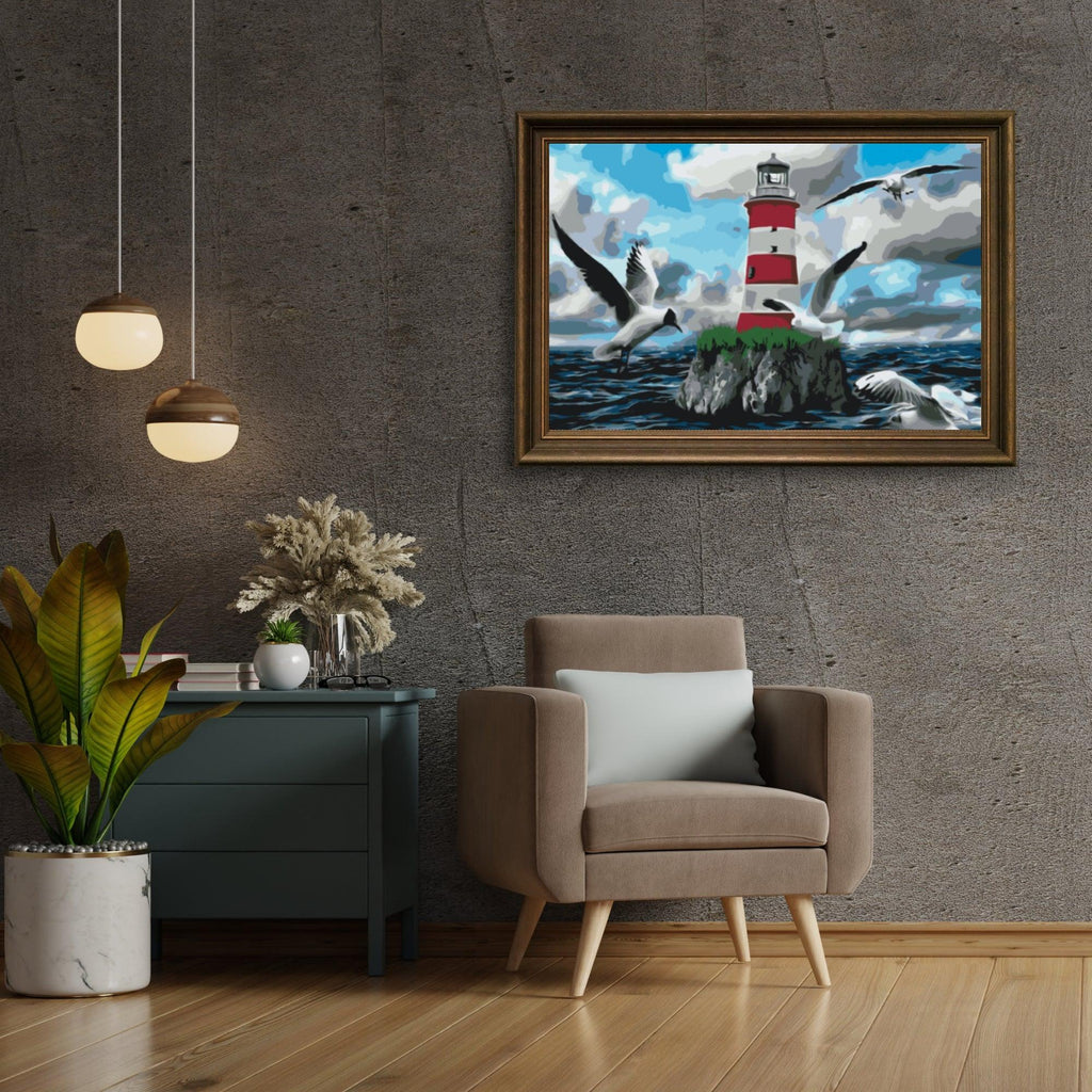 Diamond Painting - Phare blanc et rouge et mouettes - SEOS Shop ®