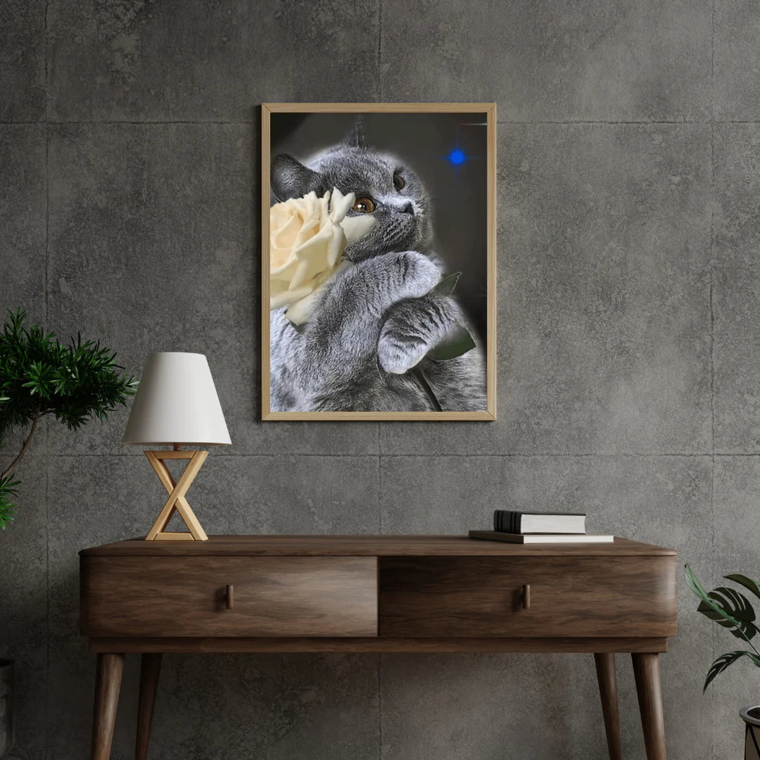 Diamond Painting Chat avec rose blanche - SEOS Shop ®