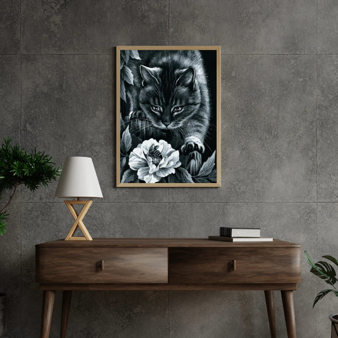 Diamond Painting Chat noir avec fleur et abeille - SEOS Shop ®