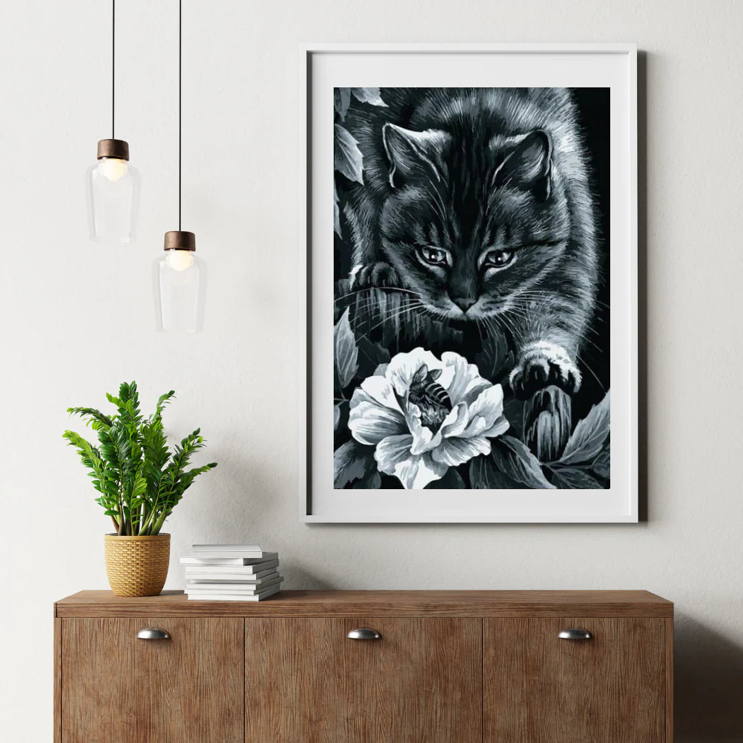 Diamond Painting Chat noir avec fleur et abeille - SEOS Shop ®