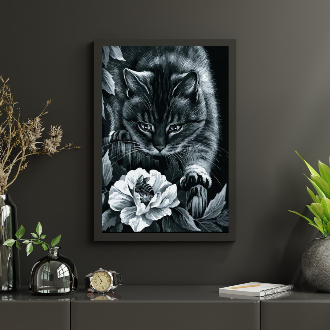 Diamond Painting Chat noir avec fleur et abeille - SEOS Shop ®